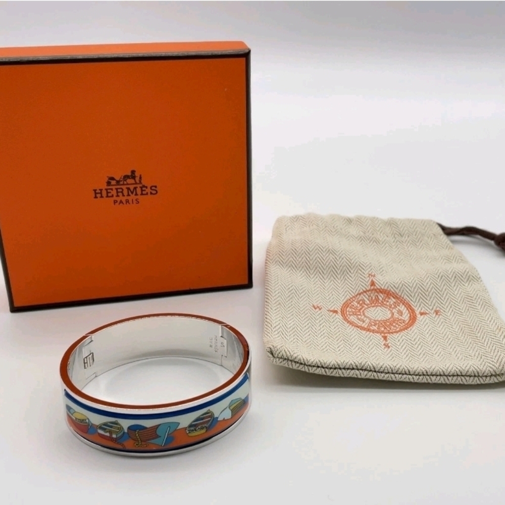 Auth Hermes Enameled Shipboard Design SV Bangle W/Box And Dus Bag